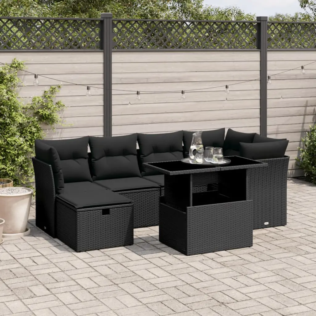 Set Divani da Giardino con Cuscini 7pz Nero Polyrattan