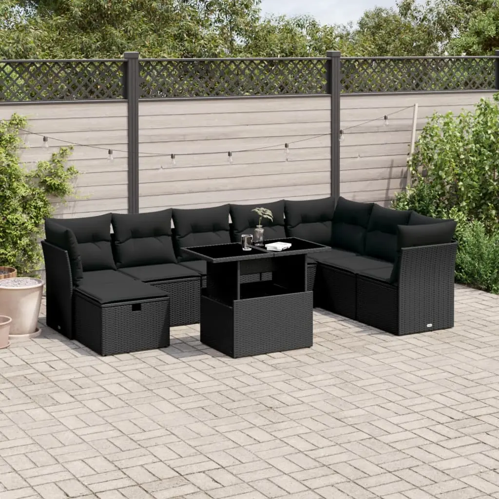 Set Divani da Giardino 9 pz con Cuscini Nero in Polyrattan