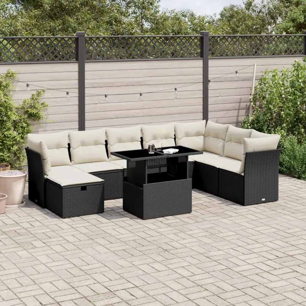 Set Divani da Giardino 9 pz con Cuscini Nero in Polyrattan