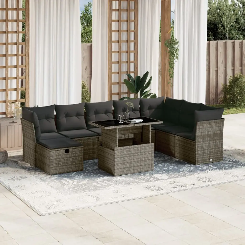 Set Divano da Giardino 9 pz con Cuscini Grigio in Polyrattan