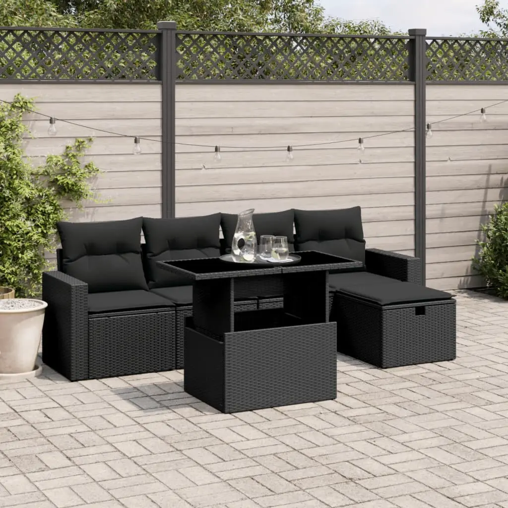 Set Divano da Giardino 6 pz con Cuscini Nero in Polyrattan