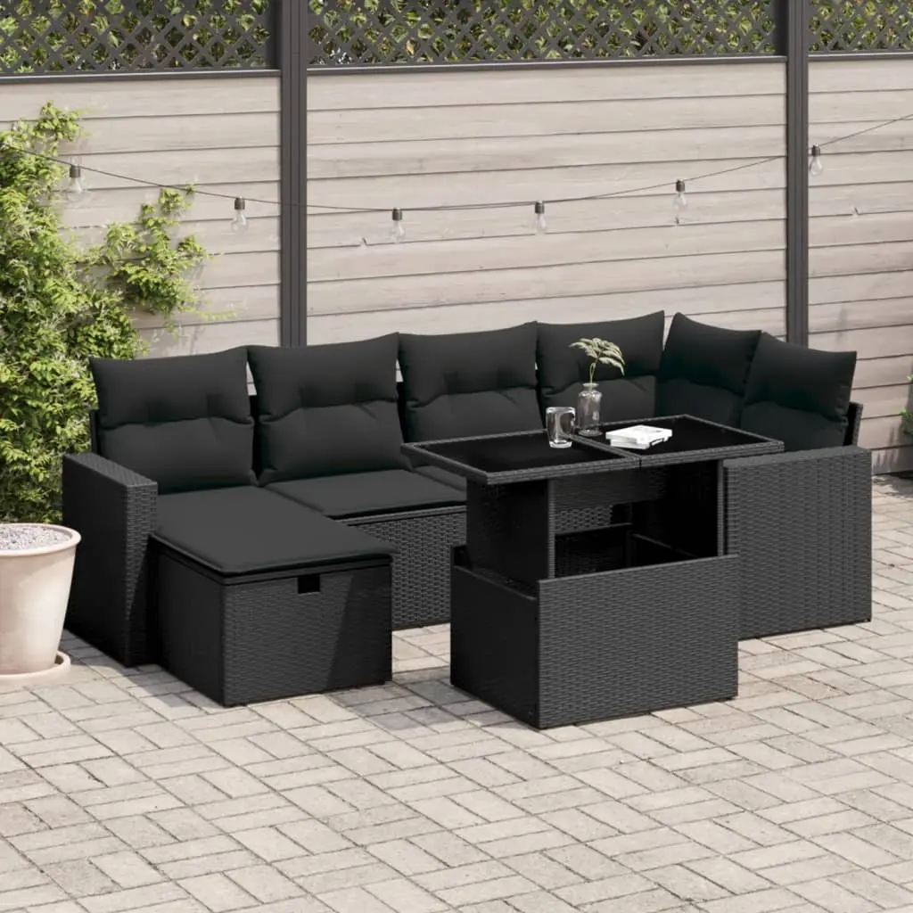 Set Divani da Giardino con Cuscini 7pz Nero Polyrattan