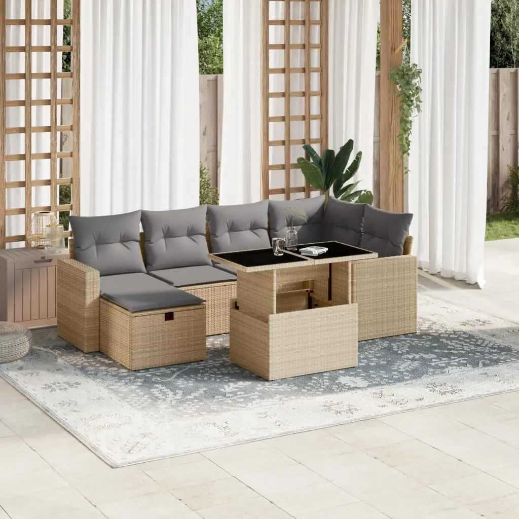 Set Divani da Giardino 7 pz con Cuscini Beige in Polyrattan