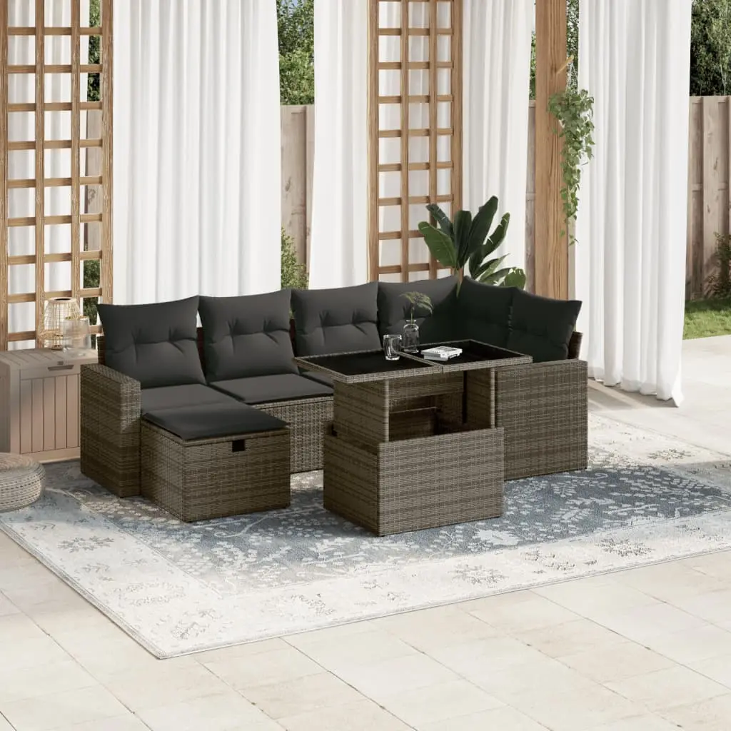 Set Divani da Giardino 7 pz con Cuscini Grigio in Polyrattan