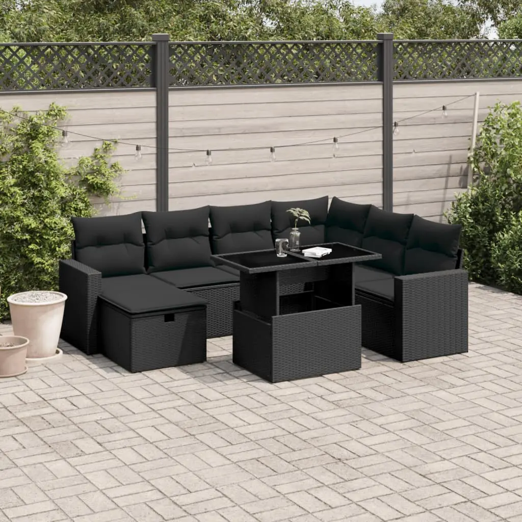 Set Divani da Giardino con Cuscini 8 pz Nero in Polyrattan