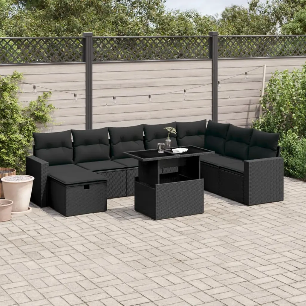 Set Divani da Giardino 9 pz con Cuscini Nero in Polyrattan