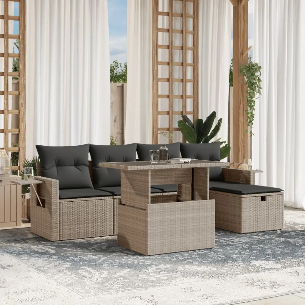 Set Divano da Giardino 6pz con Cuscini Grigio Chiaro Polyrattan