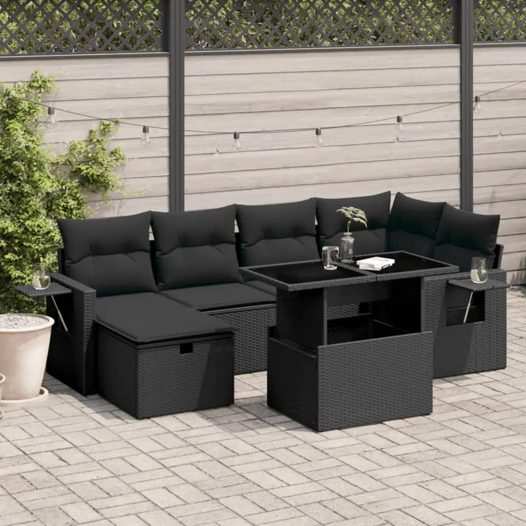 Set Divani da Giardino con Cuscini 7pz Nero Polyrattan