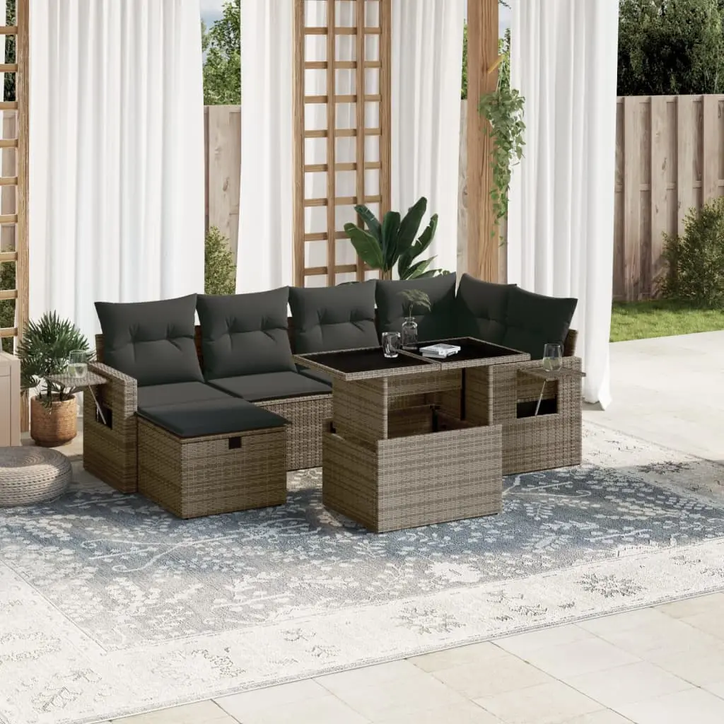 Set Divani da Giardino 7 pz con Cuscini Grigio in Polyrattan