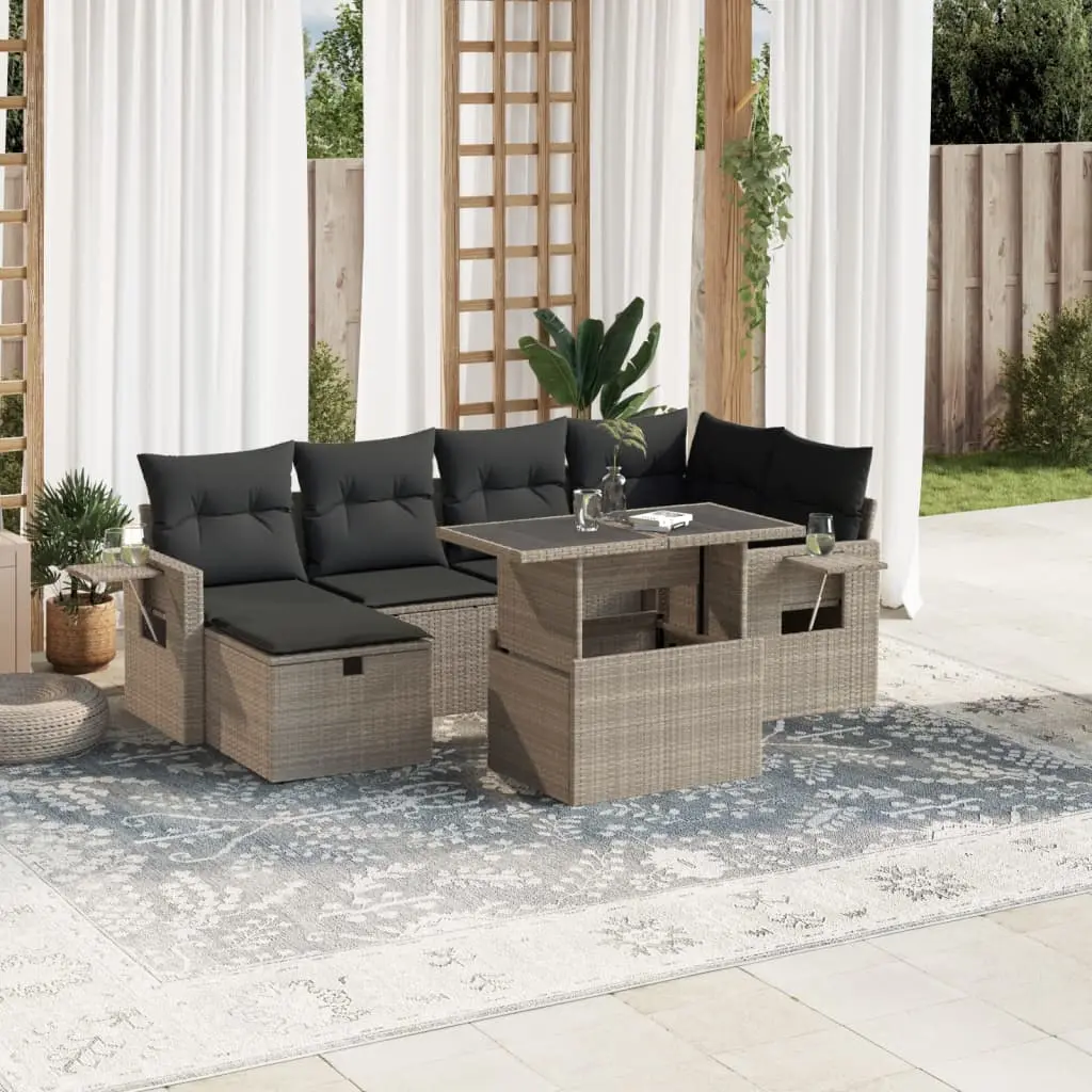 Set Divani da Giardino 7pz con Cuscini Grigio Chiaro Polyrattan