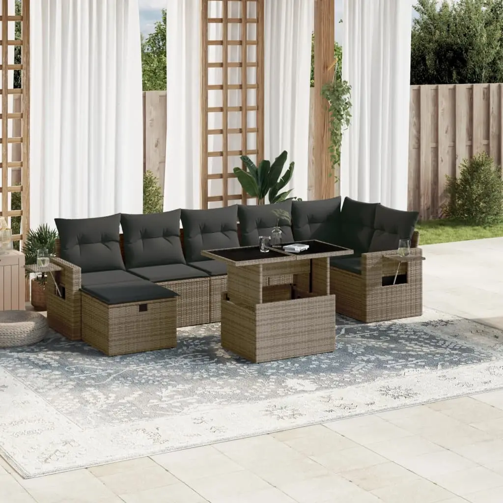 Set Divano da Giardino 8 pz con Cuscini Grigio in Polyrattan