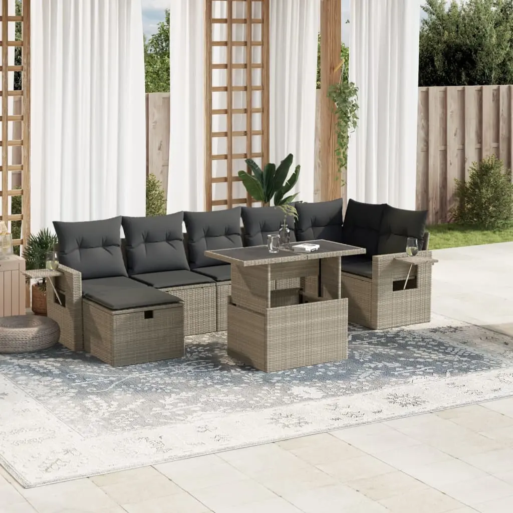 Set Divano da Giardino 8pz con Cuscini Grigio Chiaro Polyrattan