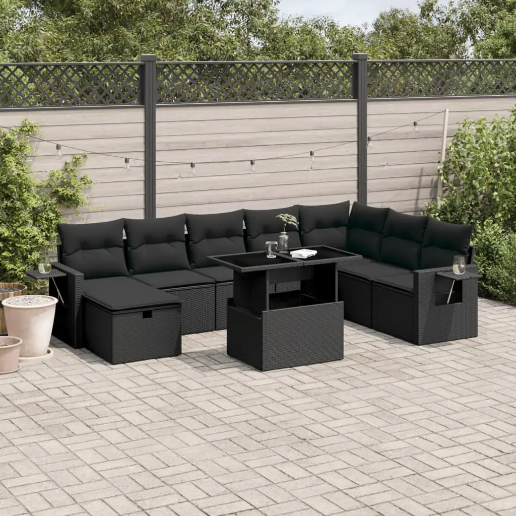 Set Divani da Giardino 9 pz con Cuscini Nero in Polyrattan