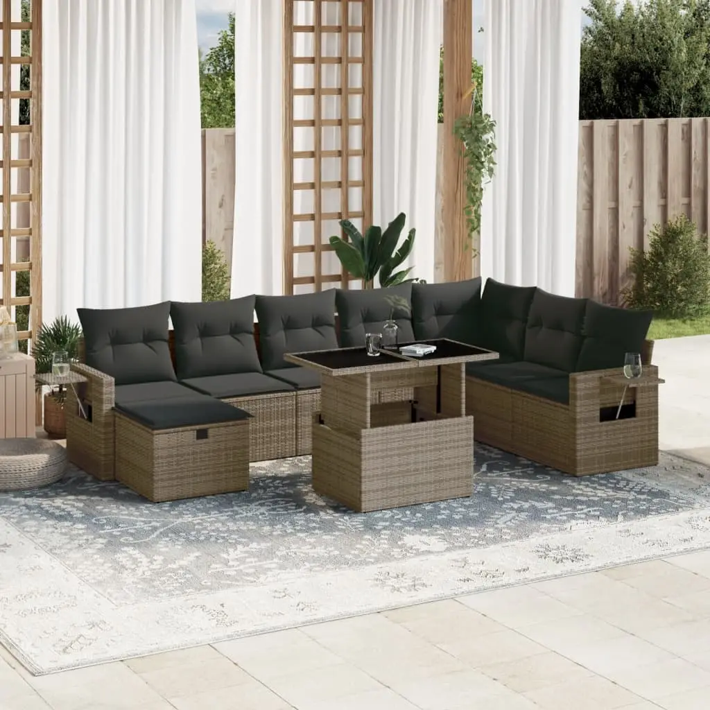 Set Divano da Giardino 9 pz con Cuscini Grigio in Polyrattan