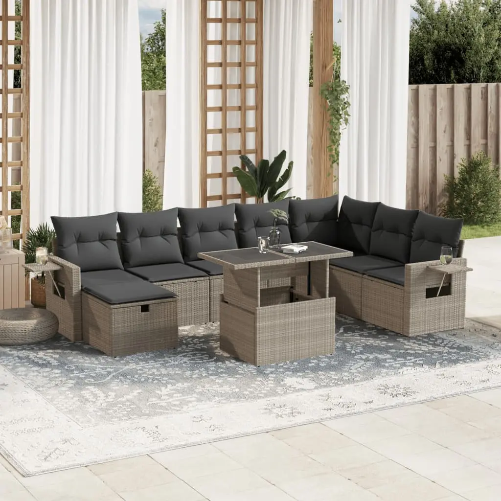 Set Divano da Giardino 9pz con Cuscini Grigio Chiaro Polyrattan