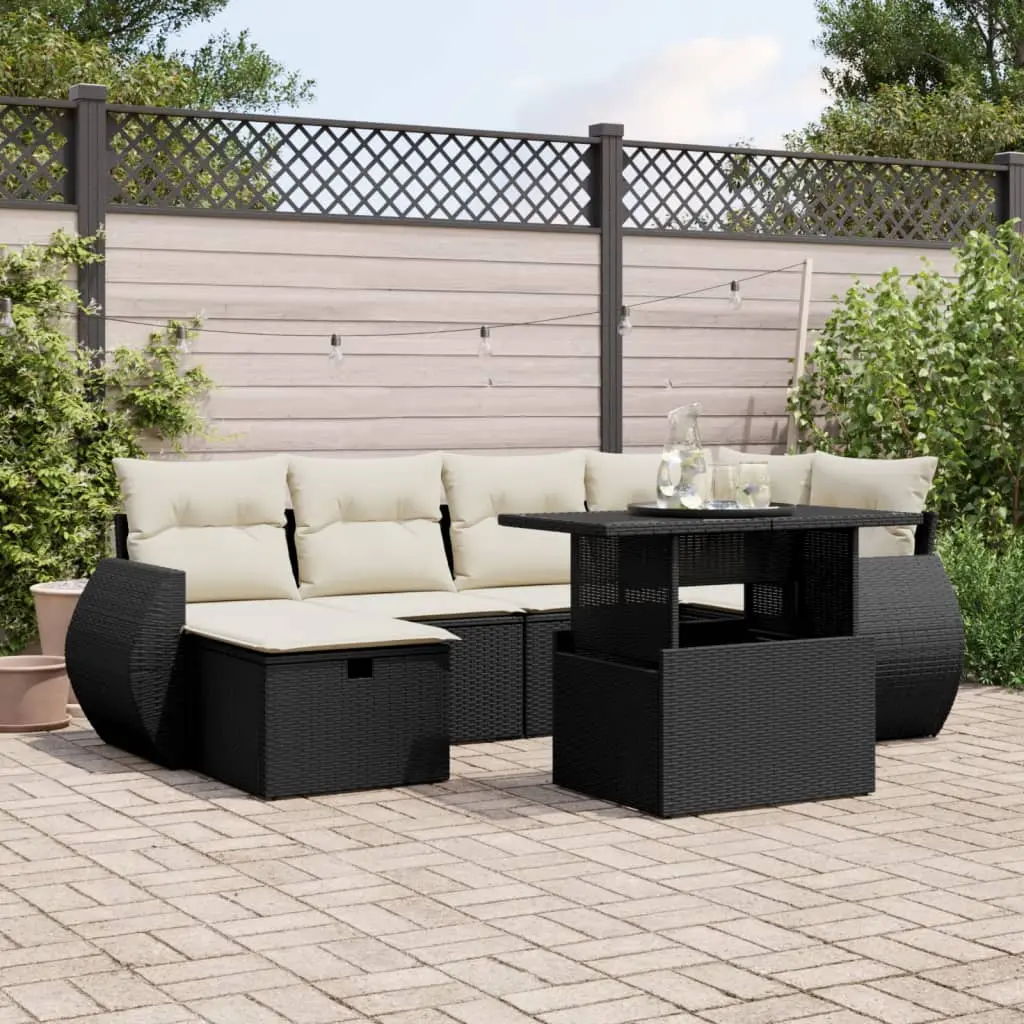 Set Divani da Giardino con Cuscini 7pz Nero Polyrattan