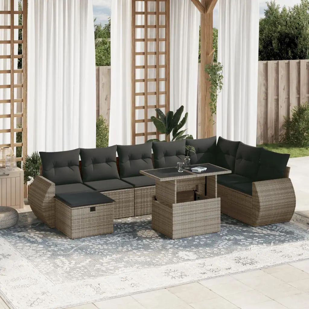 Set Divano da Giardino 9 pz con Cuscini Grigio in Polyrattan