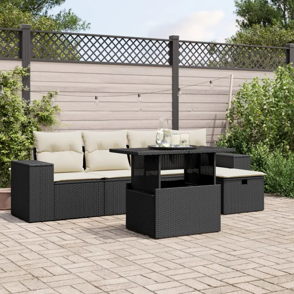 Set Divano da Giardino 6 pz con Cuscini Nero in Polyrattan