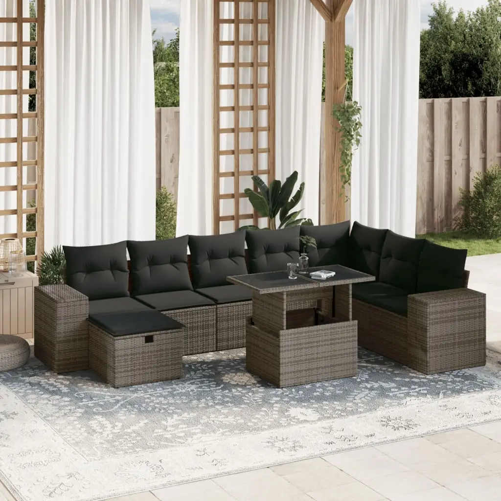 Set Divano da Giardino 9 pz con Cuscini Grigio in Polyrattan