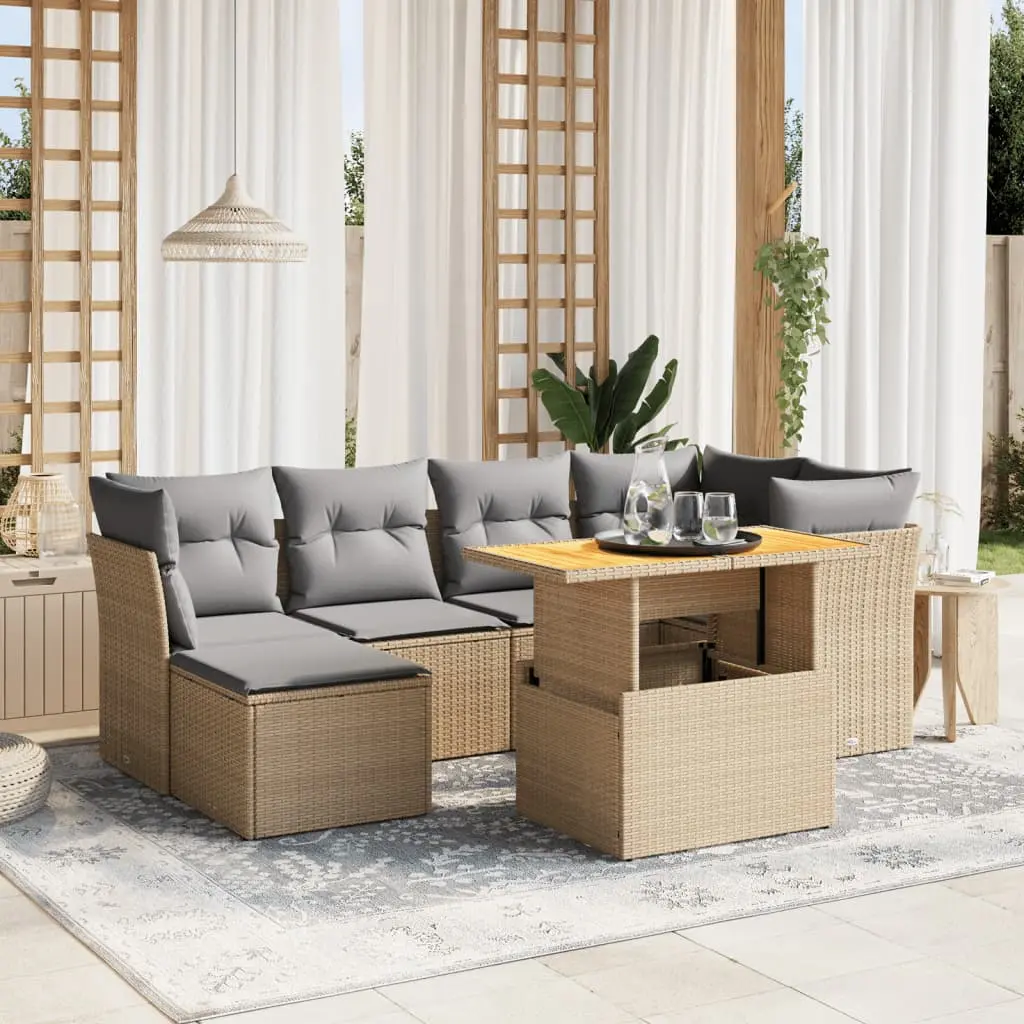 Set Divani da Giardino 7 pz con Cuscini Beige in Polyrattan