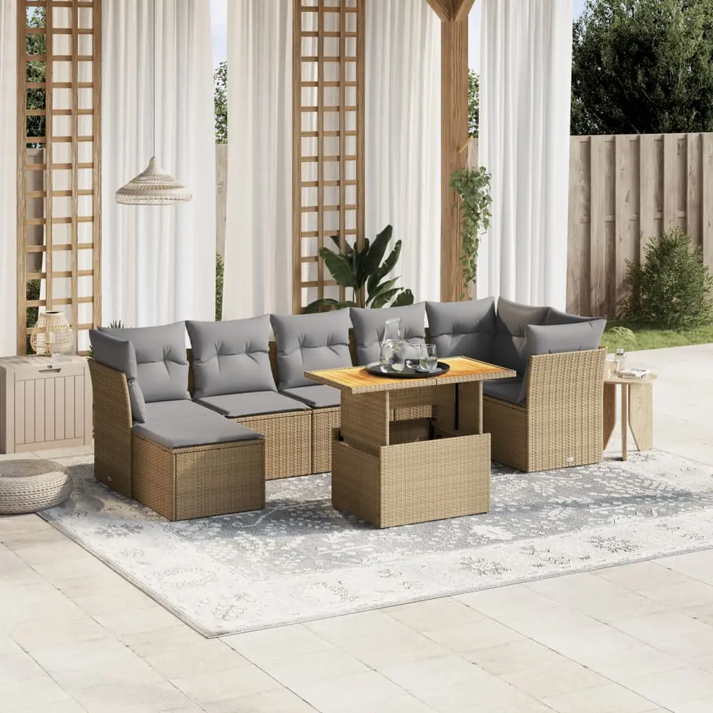 Set Divano da Giardino 8 pz con Cuscini Beige in Polyrattan