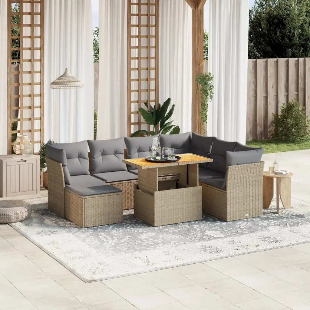 Set Divano da Giardino 8 pz con Cuscini Beige in Polyrattan