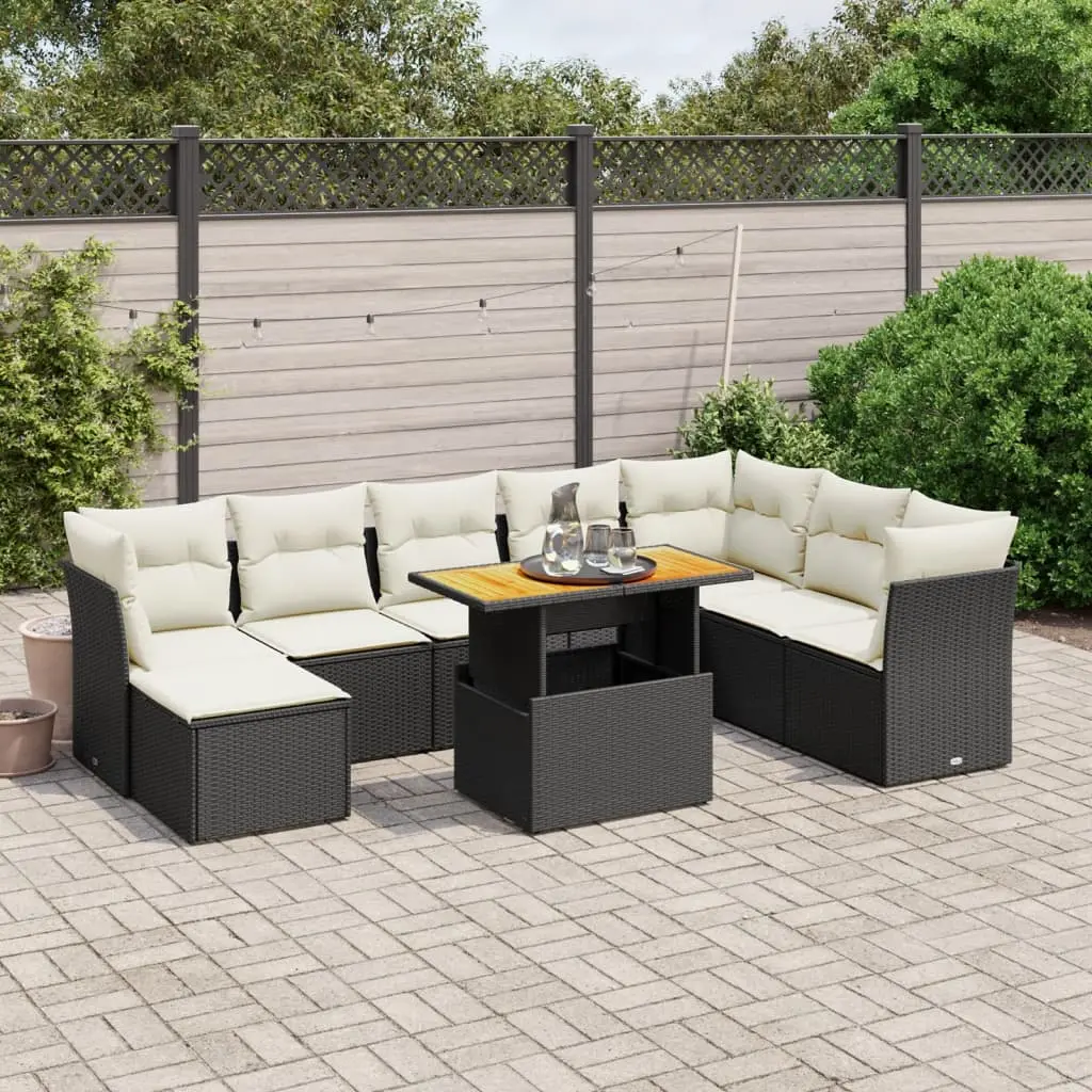 Set Divani da Giardino 9 pz con Cuscini Nero in Polyrattan