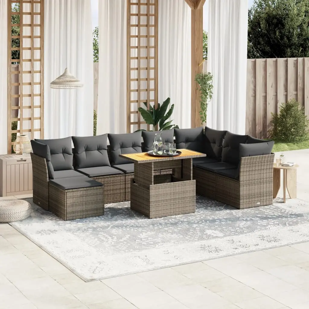 Set Divano da Giardino 9 pz con Cuscini Grigio in Polyrattan