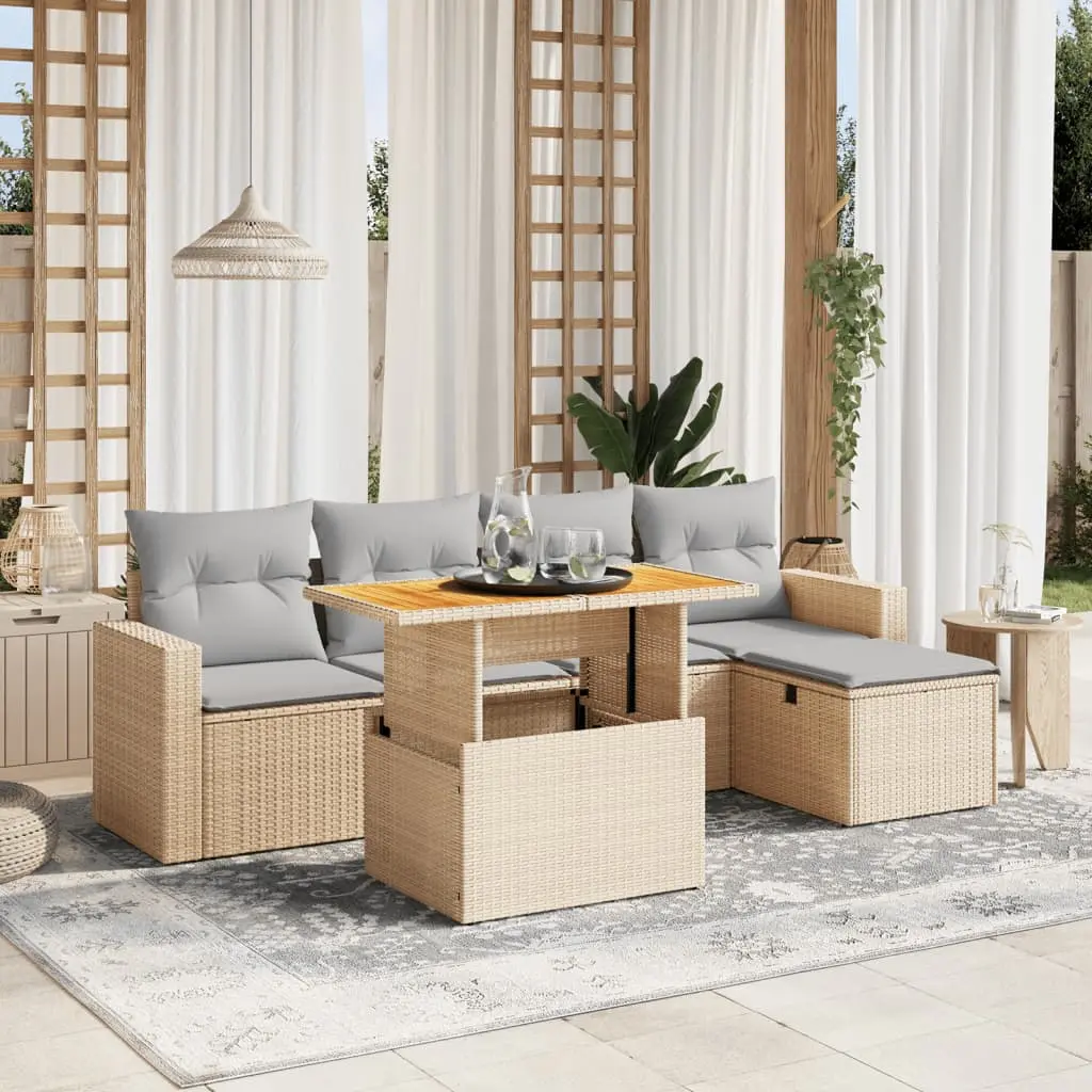 Set Divano da Giardino 6 pz con Cuscini Beige in Polyrattan