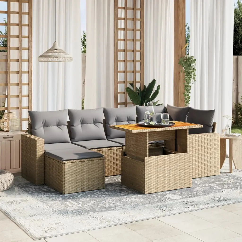 Set Divani da Giardino 7 pz con Cuscini Beige in Polyrattan