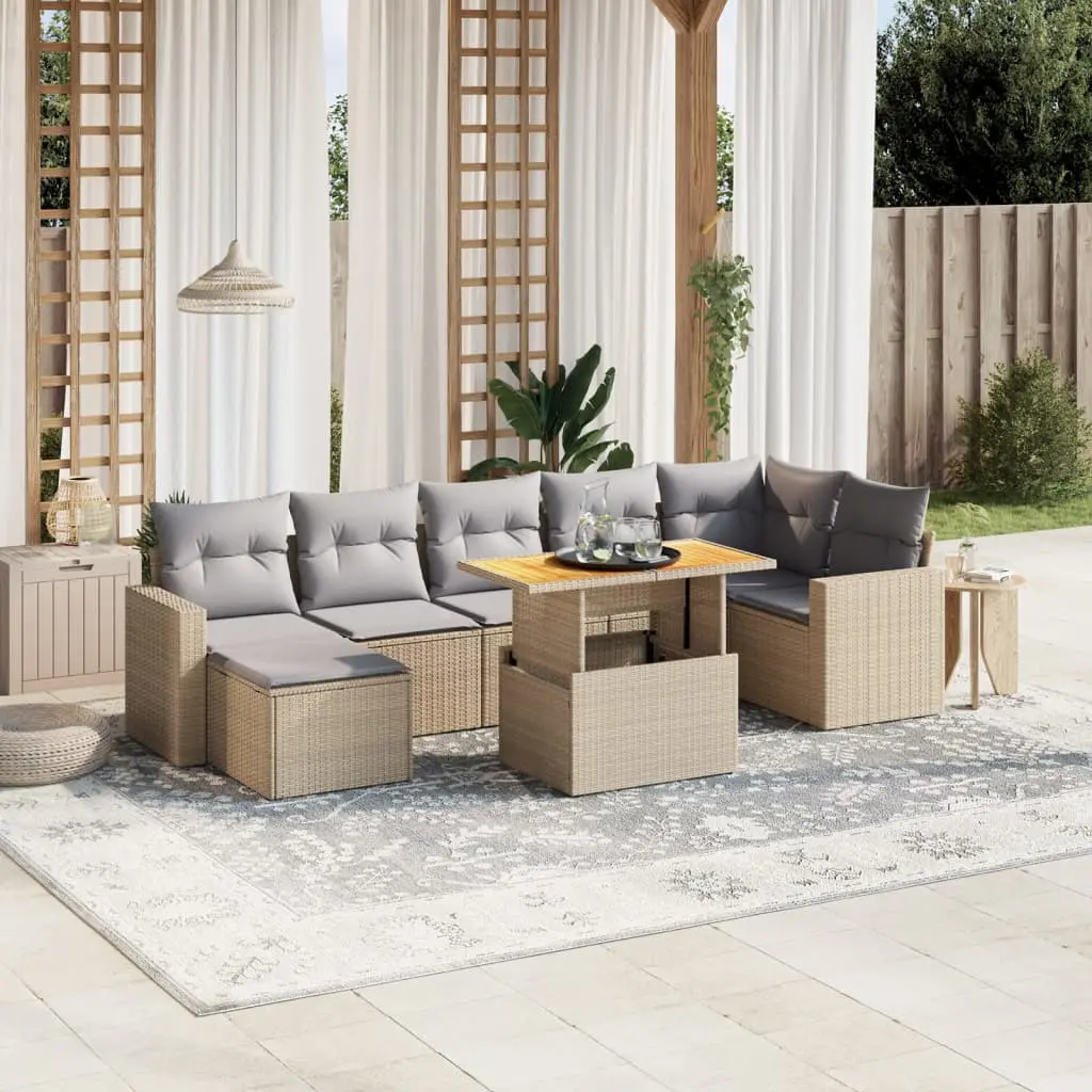 Set Divano da Giardino 8 pz con Cuscini Beige in Polyrattan