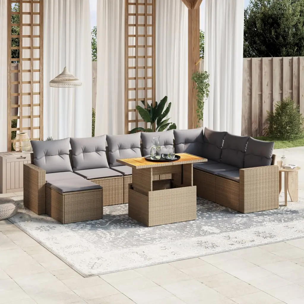 Set Divano da Giardino 9 pz con Cuscini Beige in Polyrattan