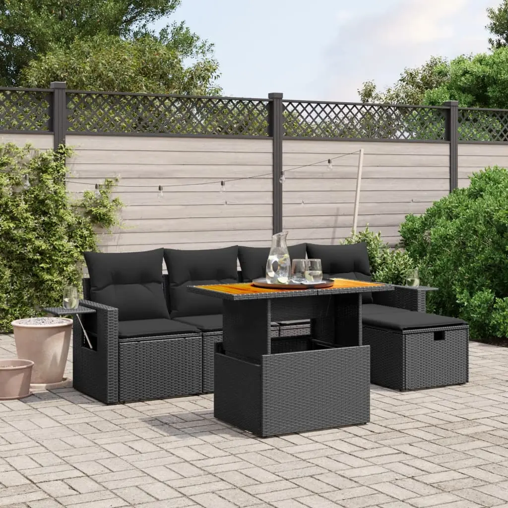 Set Divano da Giardino 6 pz con Cuscini Nero in Polyrattan