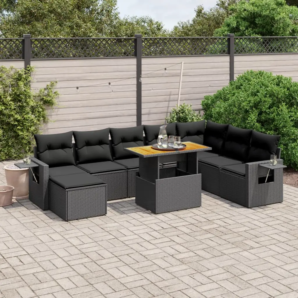 Set Divani da Giardino 9 pz con Cuscini Nero in Polyrattan