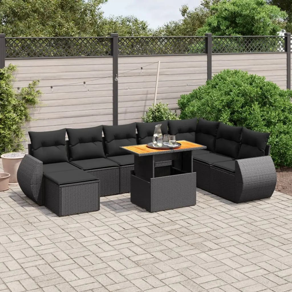 Set Divani da Giardino 9 pz con Cuscini Nero in Polyrattan