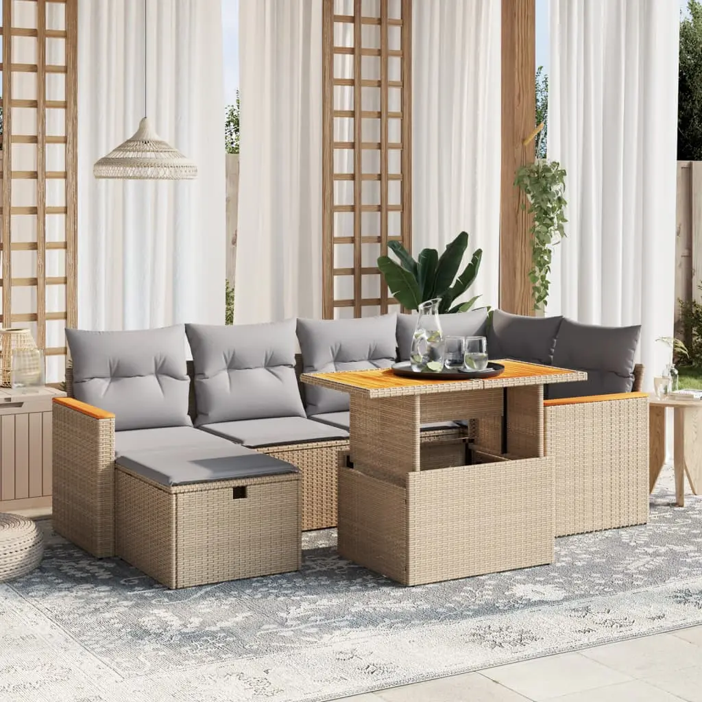 Set Divani da Giardino 7 pz con Cuscini Beige in Polyrattan