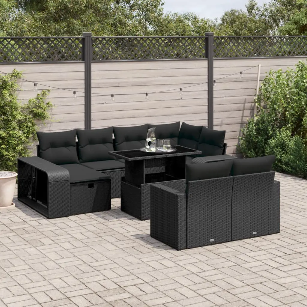 Set Divani da Giardino 11 pz con Cuscini in Polyrattan Nero