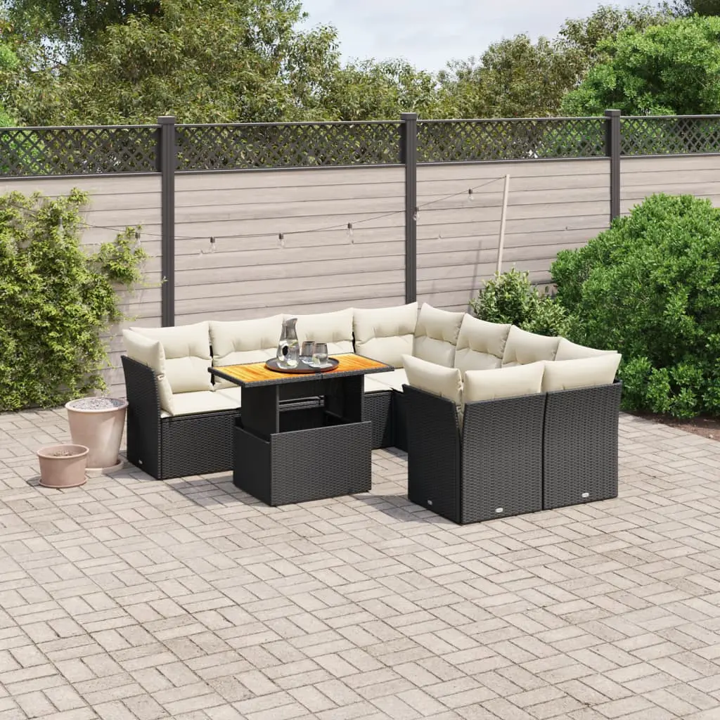 Set Divani da Giardino 9 pz con Cuscini Nero in Polyrattan