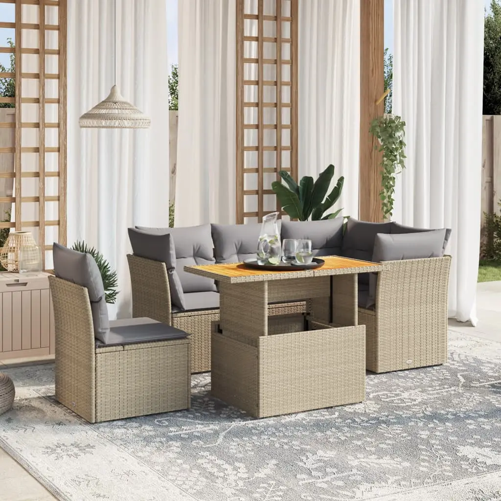 Set Divano da Giardino 5 pz con Cuscini Beige in Polyrattan