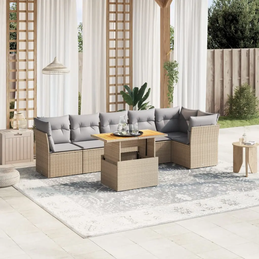 Set Divani da Giardino 7 pz con Cuscini Beige in Polyrattan