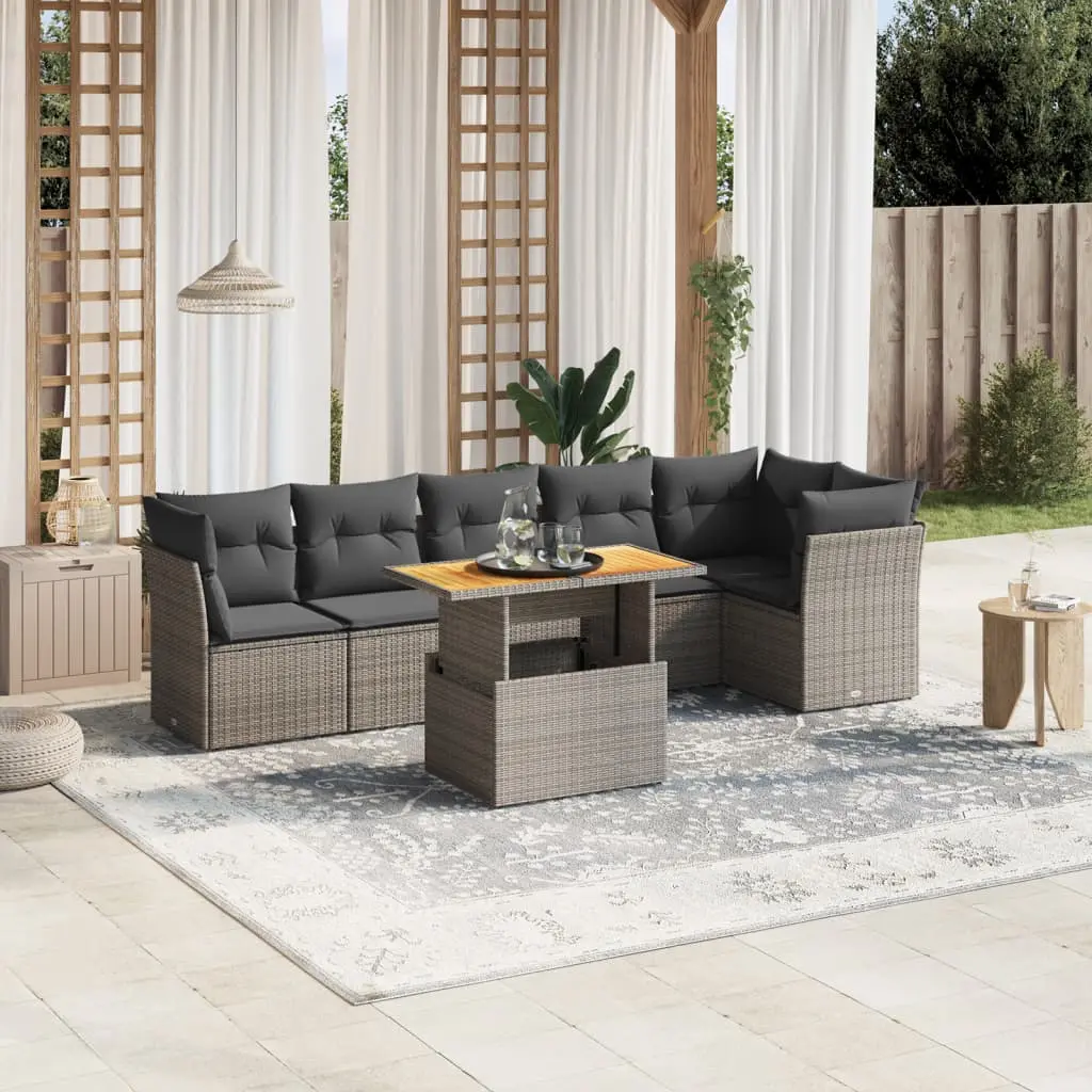 Set Divani da Giardino 7 pz con Cuscini Grigio in Polyrattan