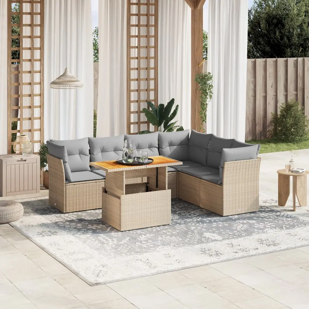 Set Divani da Giardino 7 pz con Cuscini Beige in Polyrattan