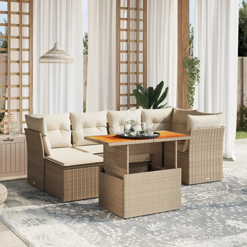 Set Divani da Giardino 7 pz con Cuscini Beige in Polyrattan