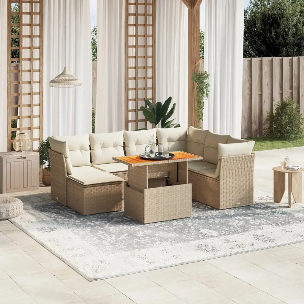 Set Divano da Giardino 8 pz con Cuscini Beige in Polyrattan