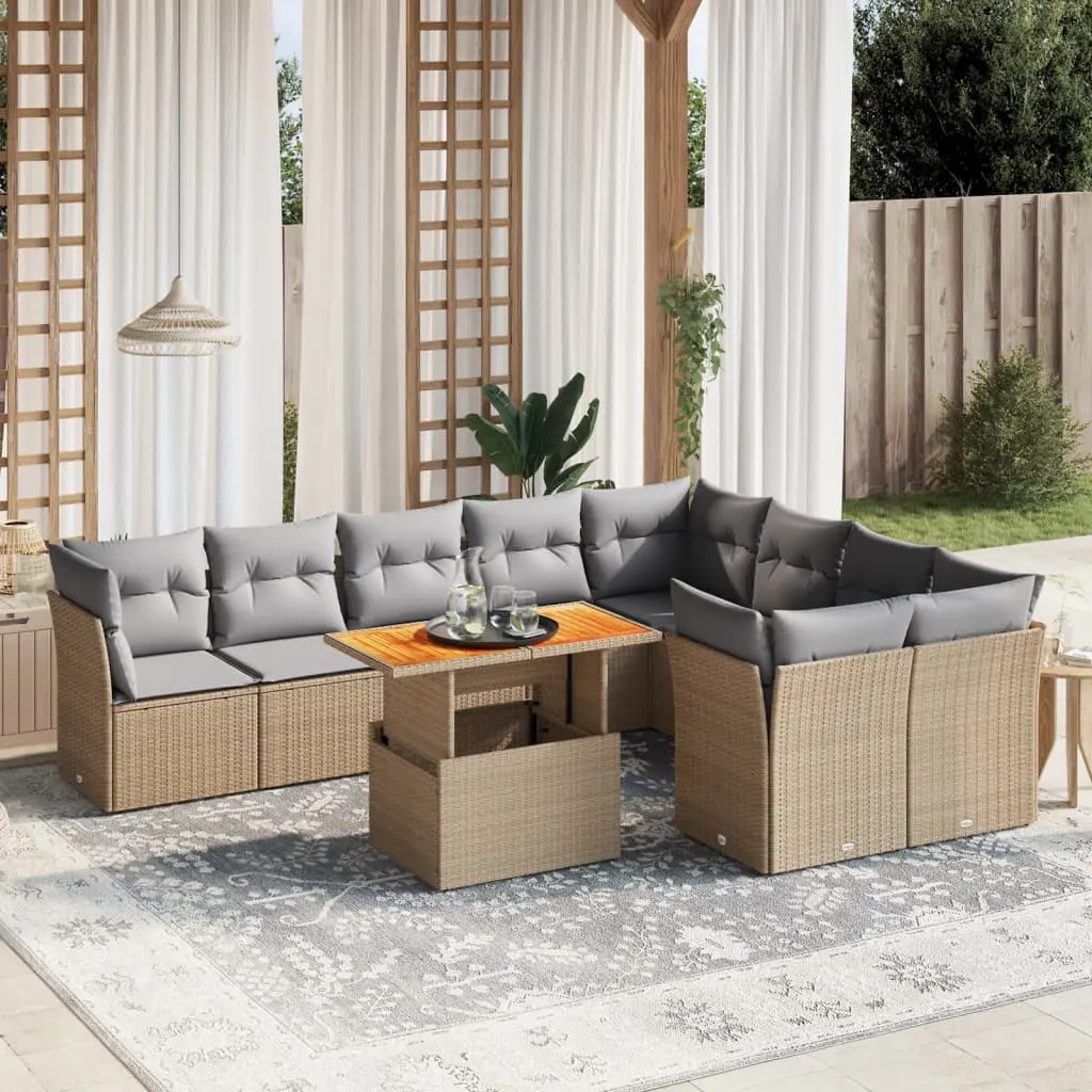 Set Divano da Giardino 10 pz con Cuscini Beige in Polyrattan