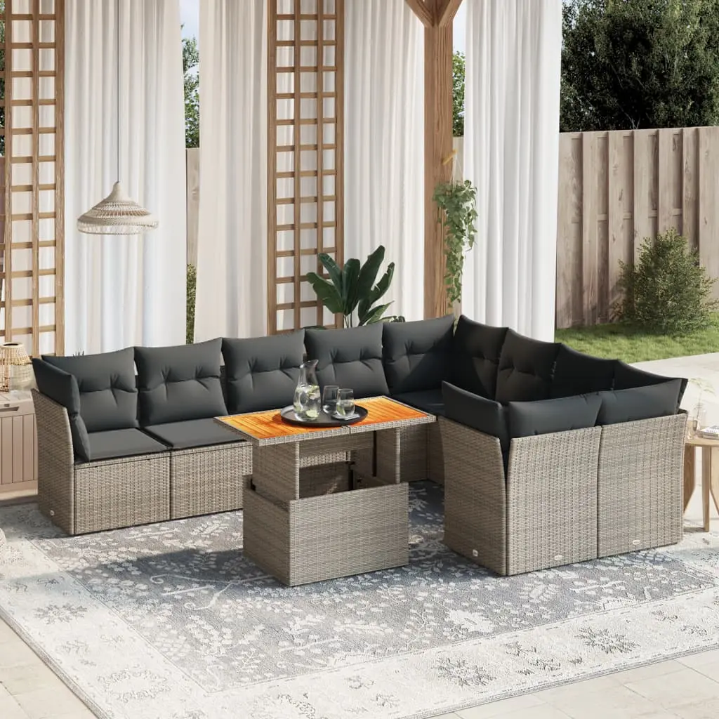 Set Divano da Giardino 10 pz con Cuscini Grigio in Polyrattan