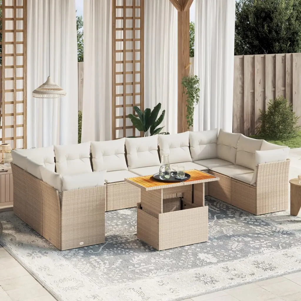 Set Divani da Giardino 11 pz con Cuscini Beige in Polyrattan