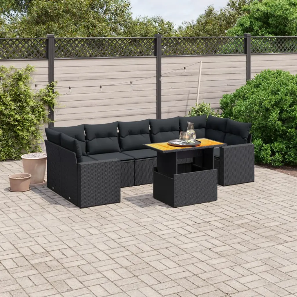 Set Divani da Giardino con Cuscini 8 pz Nero in Polyrattan