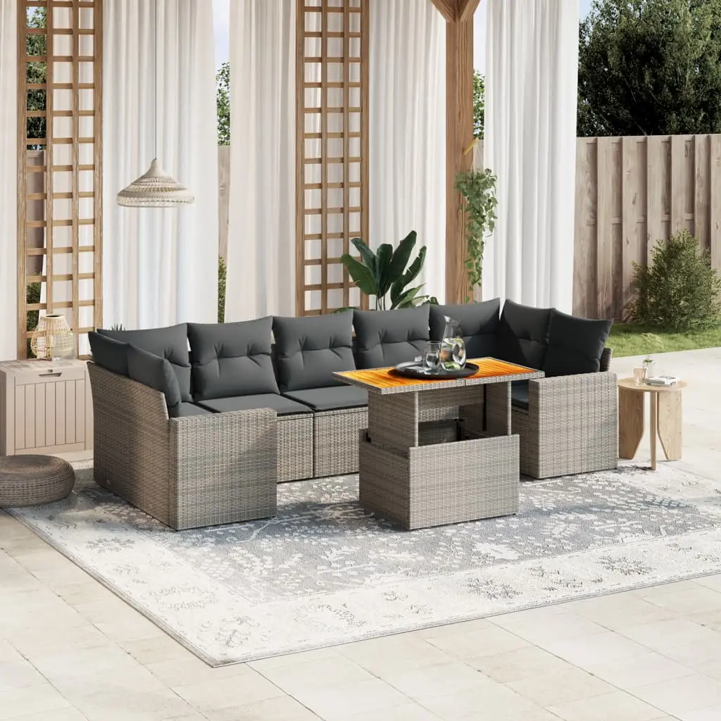 Set Divano da Giardino 8 pz con Cuscini Grigio in Polyrattan