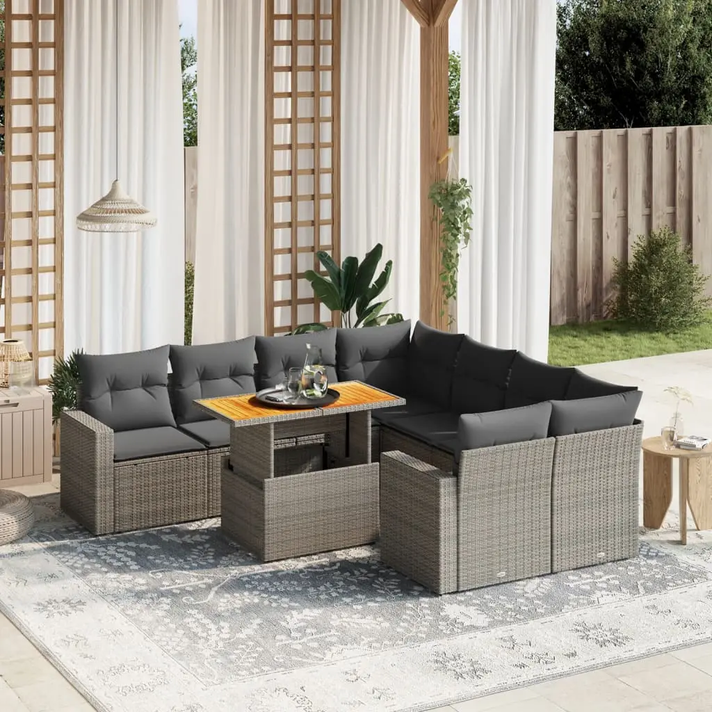 Set Divano da Giardino 9 pz con Cuscini Grigio in Polyrattan